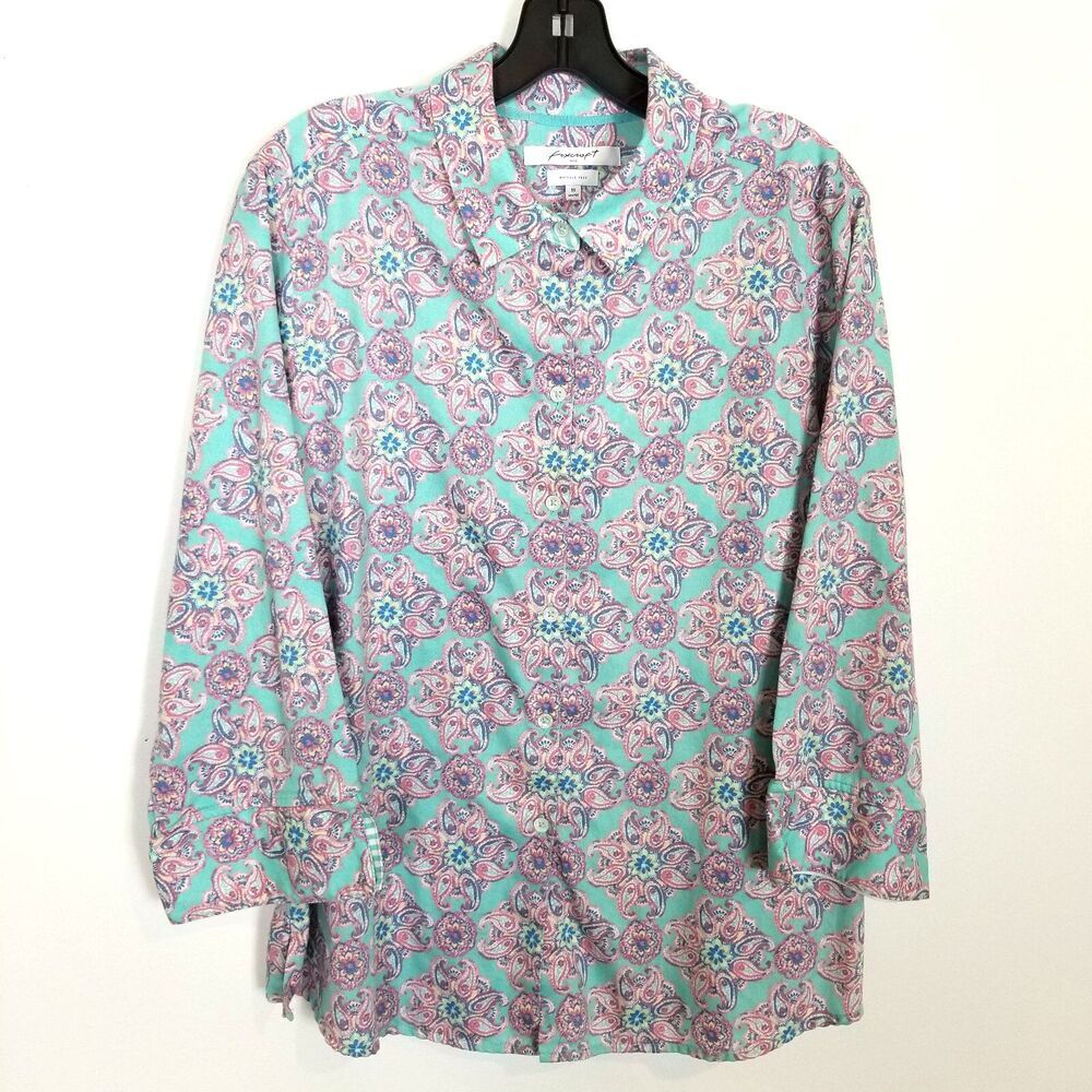 Foxcroft Women Wrinkle Free Cotton Button Down Shirt Size 18 Floral Teal Pink